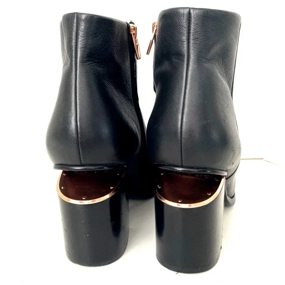 Alexander Wang Gabi Leather Ankle Boot Black Cutout Block Heel Rose Gold 41 11